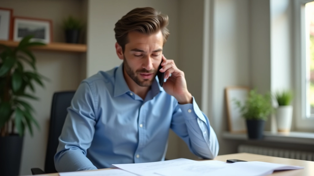 Personne parlant au téléphone tout en tenant des documents de contrat, environnement de bureau calme et professionnel