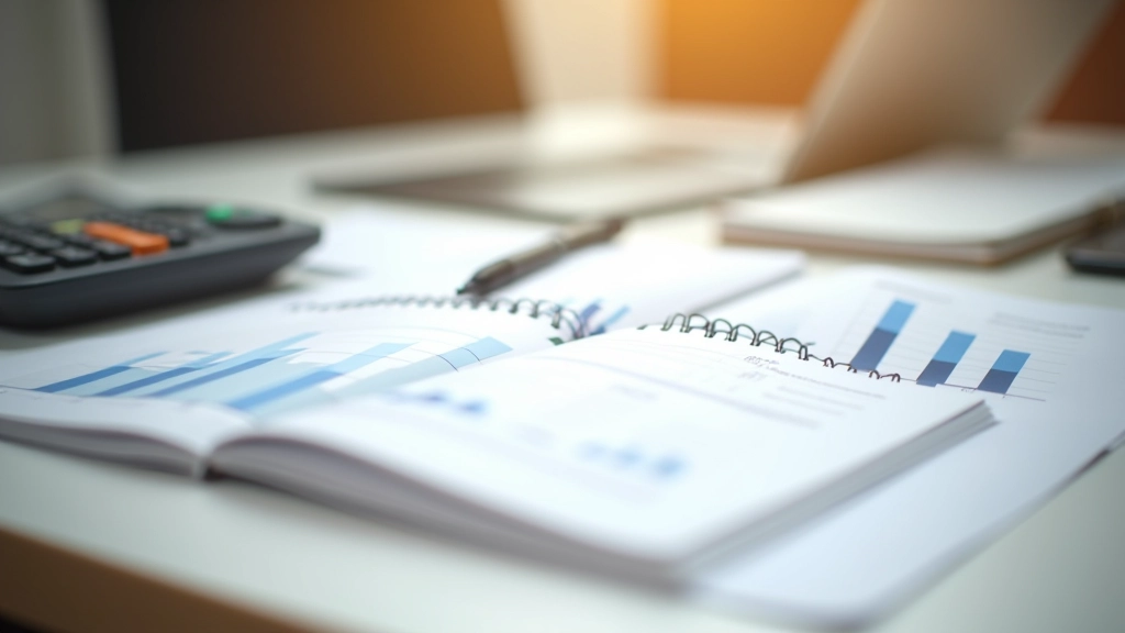 Cahier ouvert avec graphiques et données financières sur un bureau professionnel