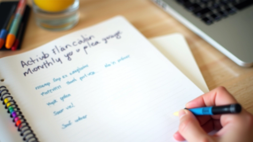 Plan d'action écrit sur papier avec des marqueurs colorés et un ordinateur portable à proximité