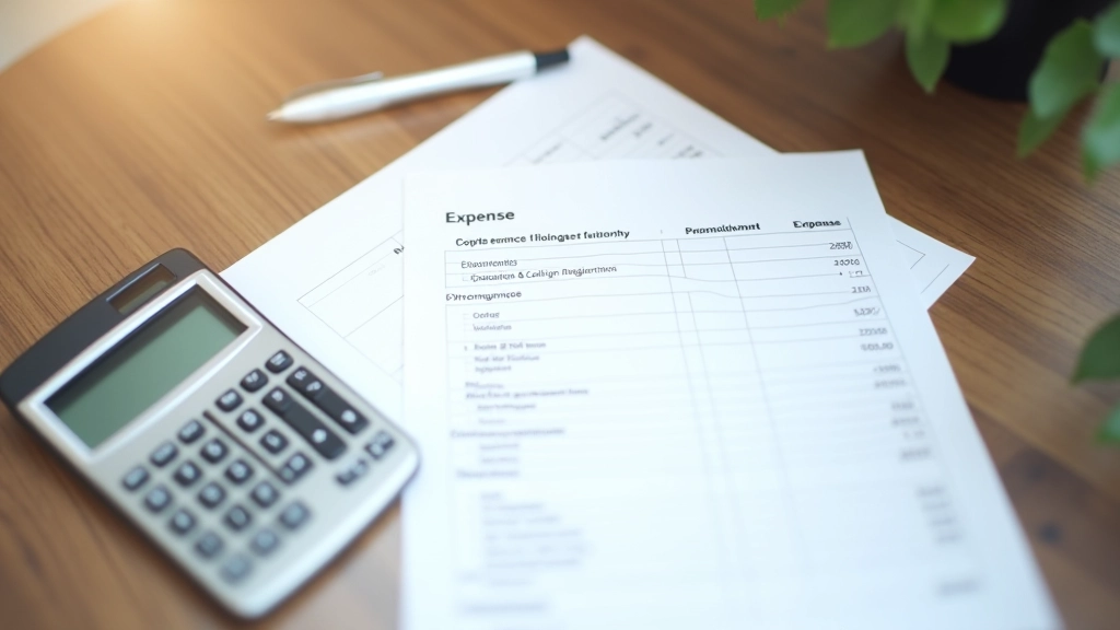 Tableau détaillé avec catégories de dépenses et colonnes de montants, stylo et calculatrice à proximité