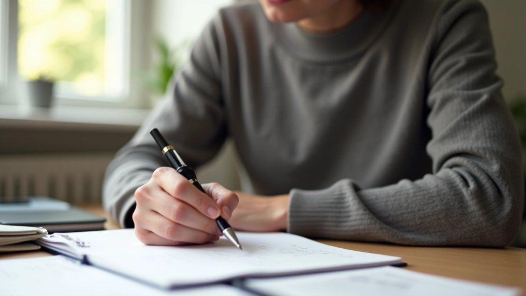 Cahier avec objectifs financiers mensuels écrits à la main et stylo posé dessus, bureau lumineux