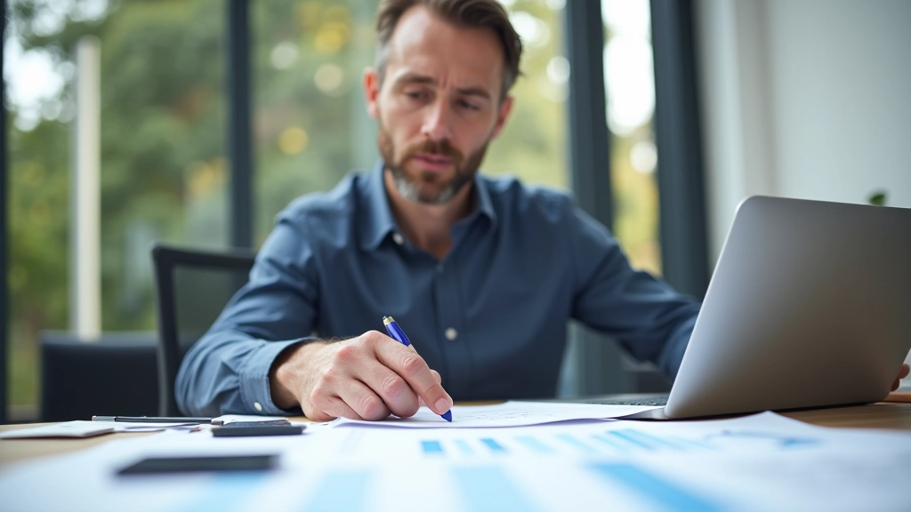 Personne tenant un stylo, examinant des graphiques financiers et révisant des plans mensuels