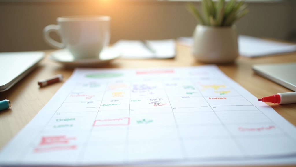 Calendrier mensuel avec objectifs annotés semaine par semaine et indicateurs de progression colorés